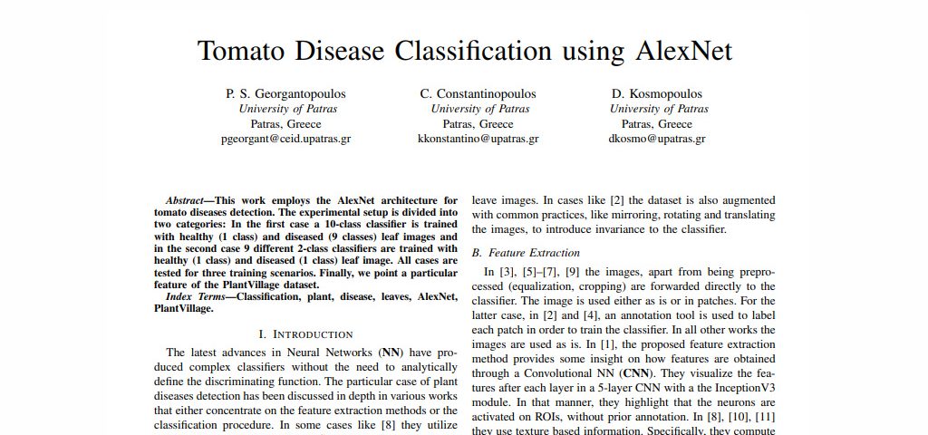 This is an image of a publication regarding Tomato Disease Classification using AlexNet.