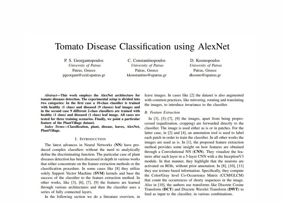 This is an image of a publication regarding Tomato Disease Classification using AlexNet.